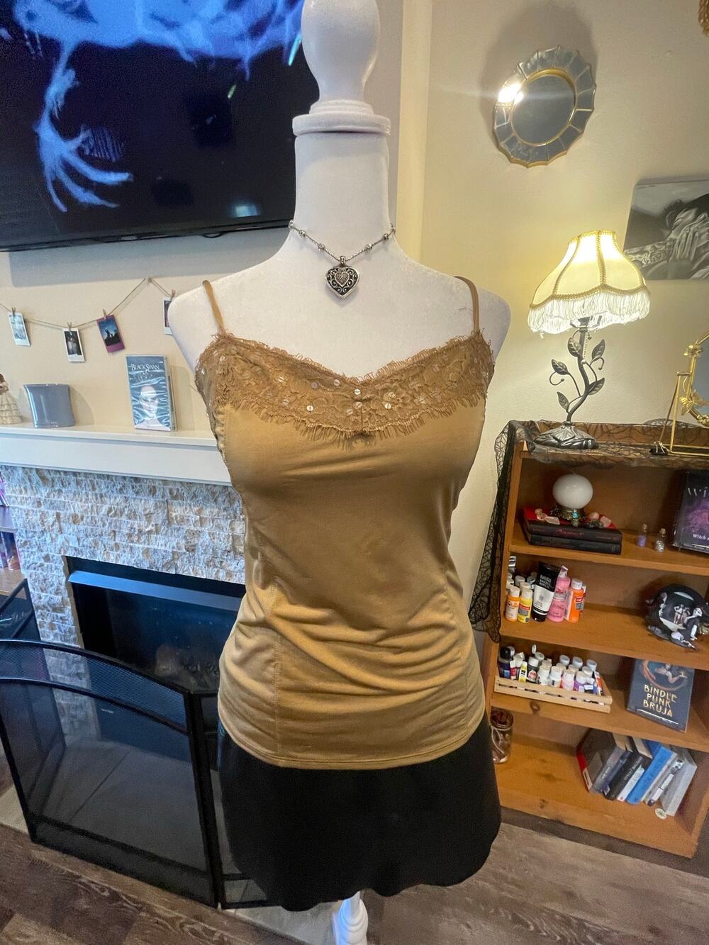 tuscan mom the limited tan, lace and sequin cami top